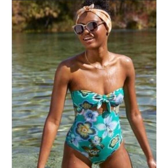 M Aerie Green Floral One-Piece Swimsuit Full Coverage Tie-Front Removable Straps - Picture 1 of 8
